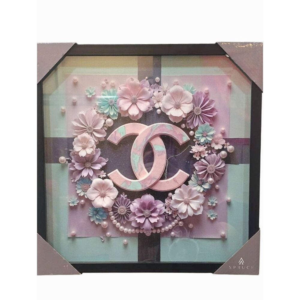 Spruce Chanel Floral Double C Glitter Embelished Framed Wall Decor